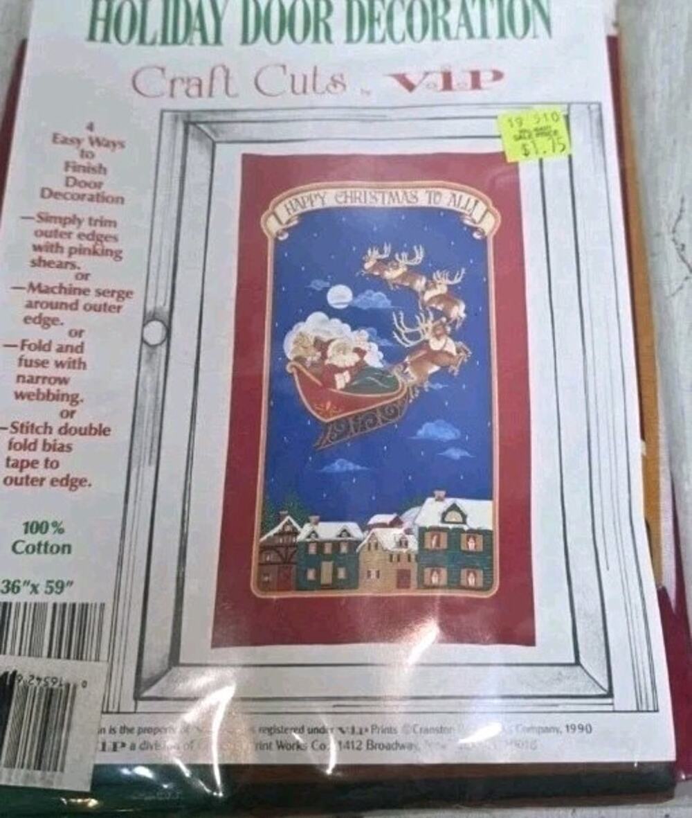 1990 Holiday Door Decor Cotton Happy Christmas To All Santa Reindeer Sled NIP